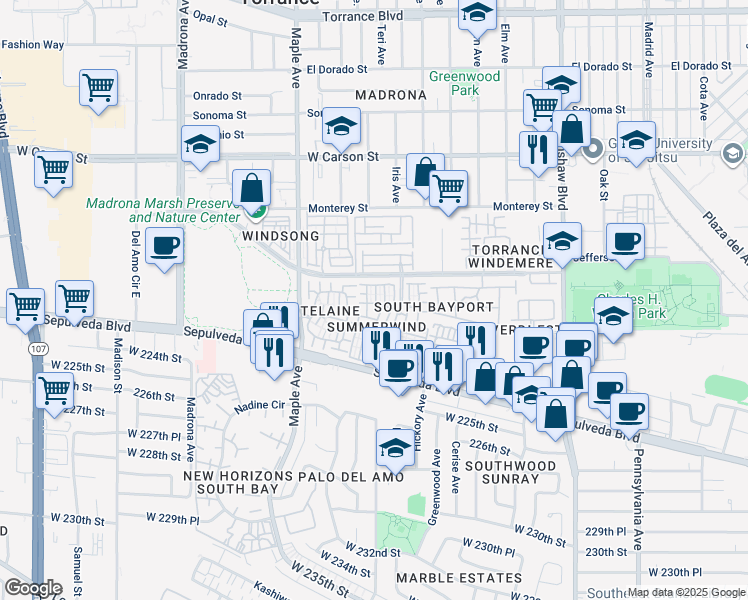 map of restaurants, bars, coffee shops, grocery stores, and more near 2800 Plaza del Amo in Torrance