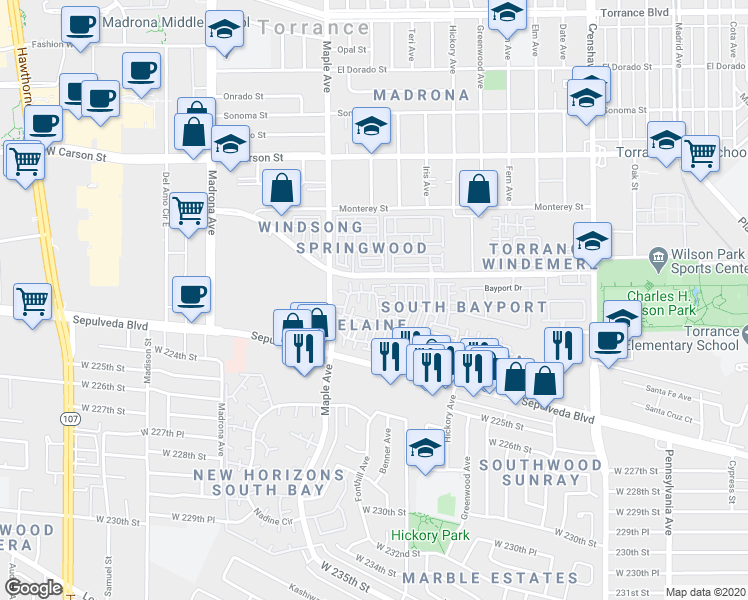 map of restaurants, bars, coffee shops, grocery stores, and more near 2300 Maple Avenue in Torrance