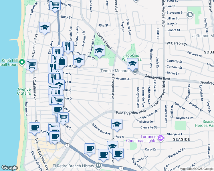map of restaurants, bars, coffee shops, grocery stores, and more near 835 Avenue B in Redondo Beach