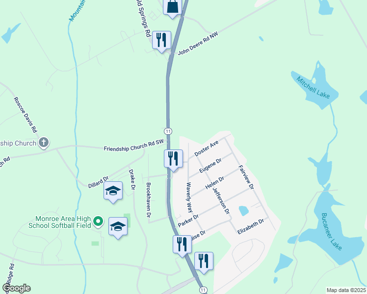 map of restaurants, bars, coffee shops, grocery stores, and more near 1512 Waverly Way in Monroe