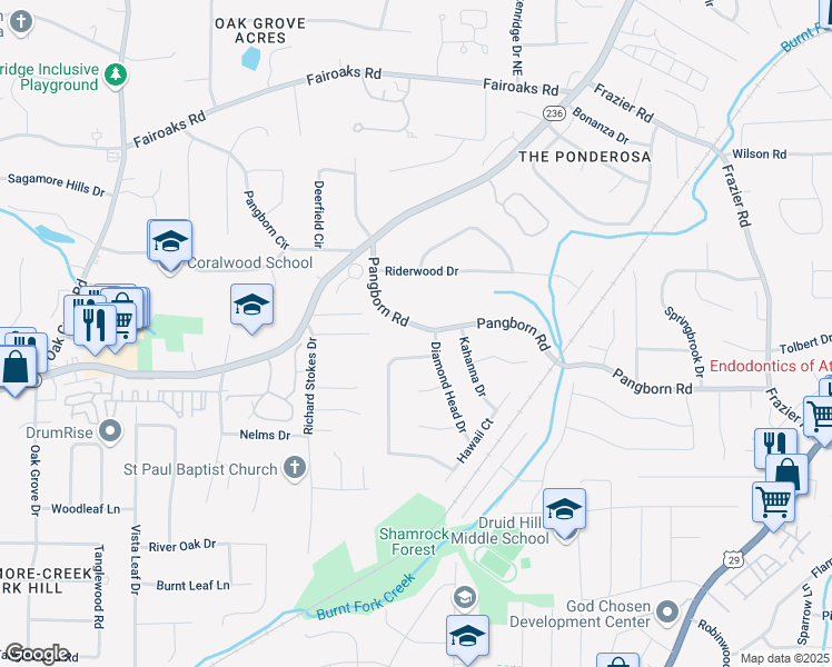 map of restaurants, bars, coffee shops, grocery stores, and more near 2667 Pangborn Road in Decatur