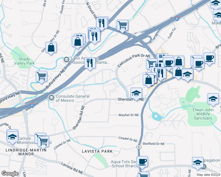 map of restaurants, bars, coffee shops, grocery stores, and more near 1470 Sheridan Road Northeast in Atlanta