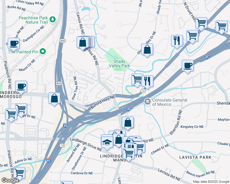 map of restaurants, bars, coffee shops, grocery stores, and more near 842 Stonehill Lane in Atlanta