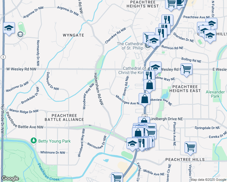 map of restaurants, bars, coffee shops, grocery stores, and more near 65 North Muscogee Avenue Northwest in Atlanta