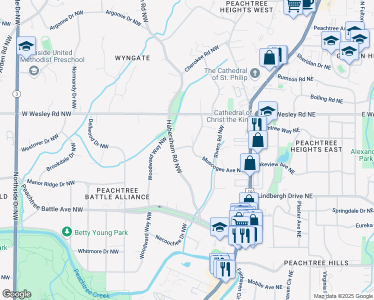 map of restaurants, bars, coffee shops, grocery stores, and more near 2 West Muscogee Avenue Northwest in Atlanta