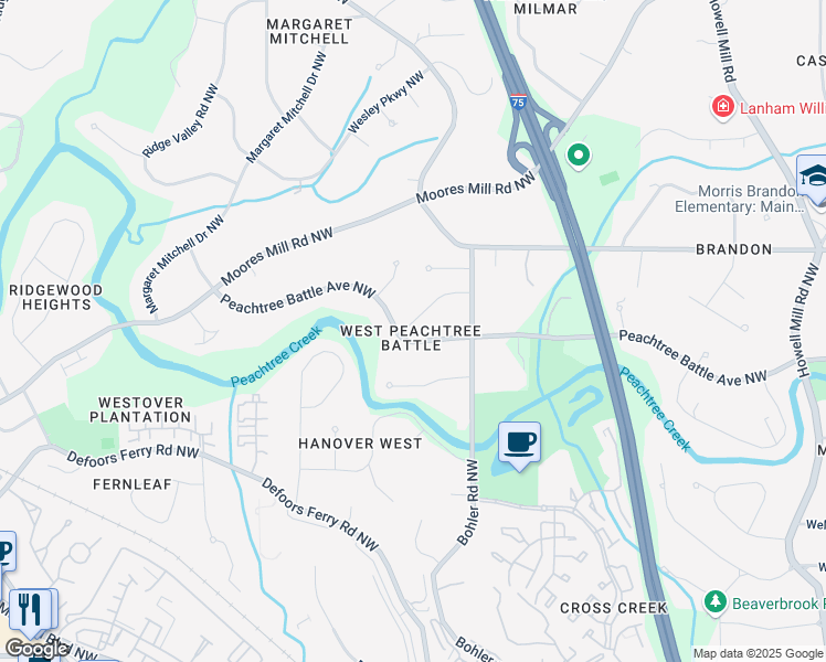map of restaurants, bars, coffee shops, grocery stores, and more near 1343 Peachtree Battle Avenue Northwest in Atlanta