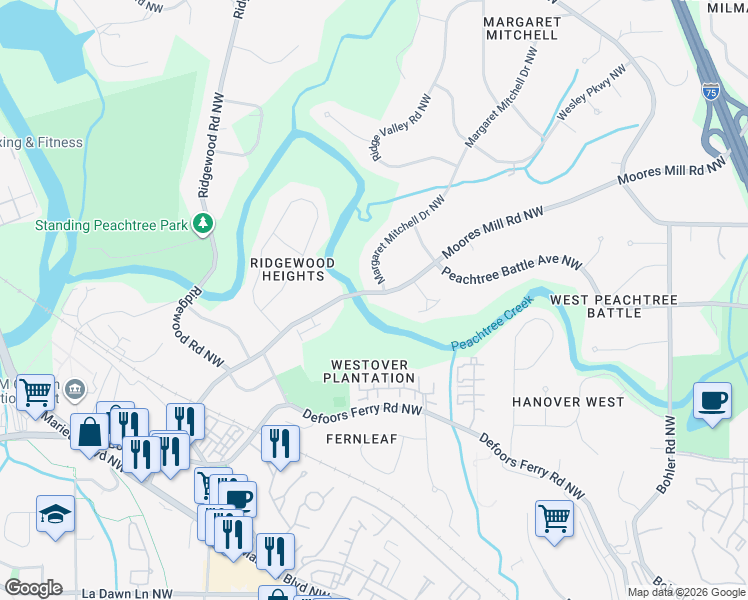 map of restaurants, bars, coffee shops, grocery stores, and more near 1676 Moores Mill Road Northwest in Atlanta