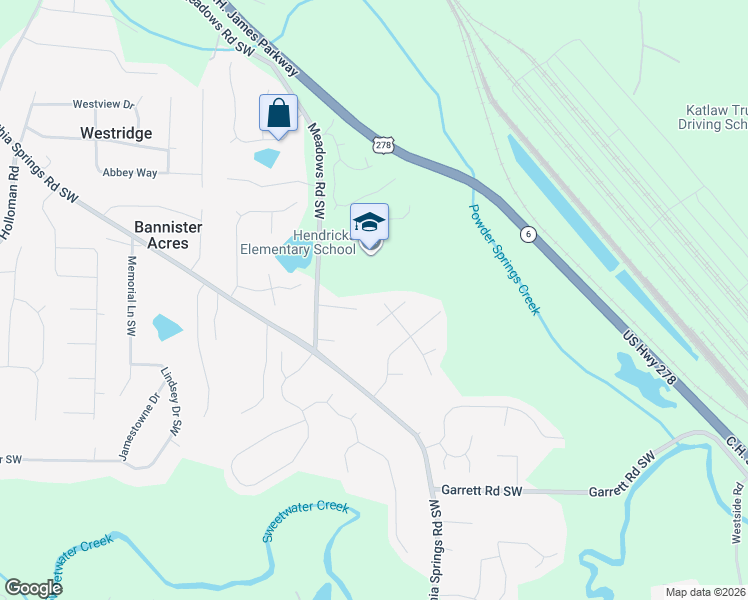 map of restaurants, bars, coffee shops, grocery stores, and more near 5382 Springbrook Lane Southwest in Powder Springs