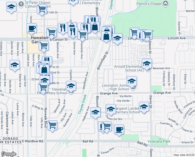 map of restaurants, bars, coffee shops, grocery stores, and more near 22221 Bloomfield Avenue in Cypress