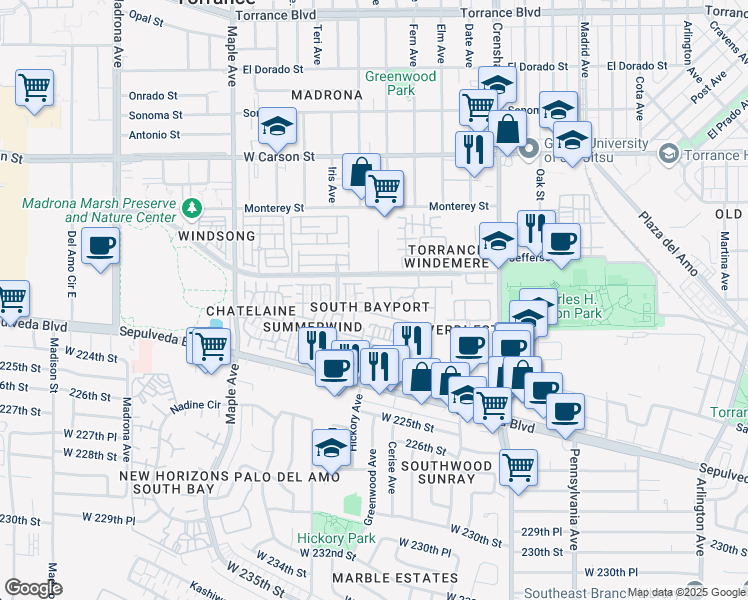 map of restaurants, bars, coffee shops, grocery stores, and more near 2675 Bayport Drive in Torrance