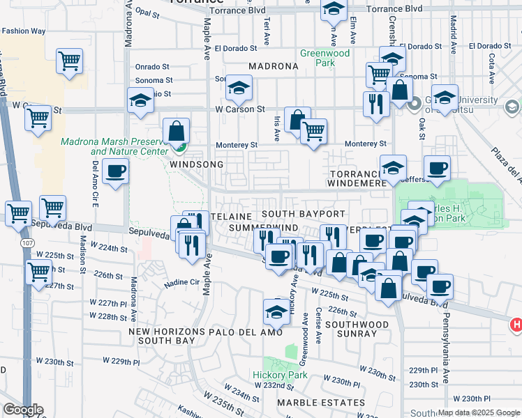 map of restaurants, bars, coffee shops, grocery stores, and more near 2800 Plaza del Amo in Torrance