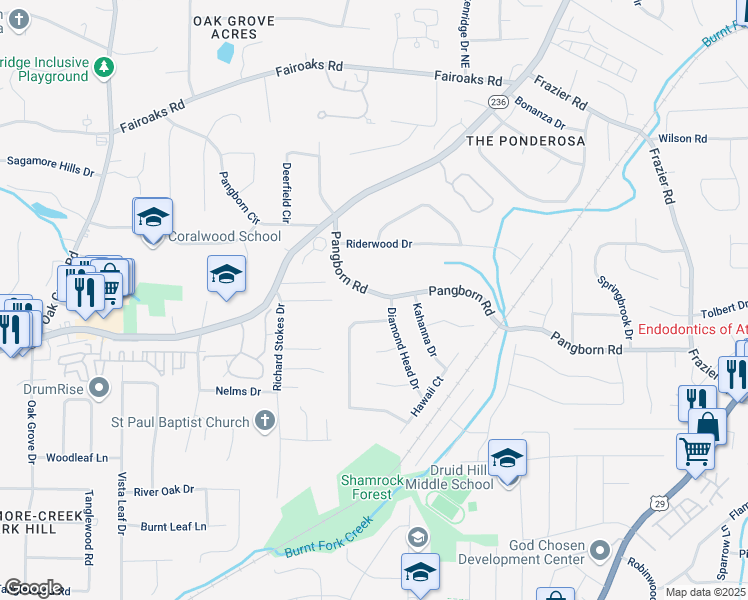 map of restaurants, bars, coffee shops, grocery stores, and more near 2667 Pangborn Road in Decatur