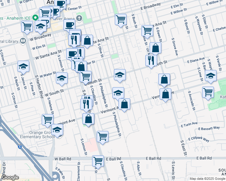 map of restaurants, bars, coffee shops, grocery stores, and more near 846 South Olive Street in Anaheim