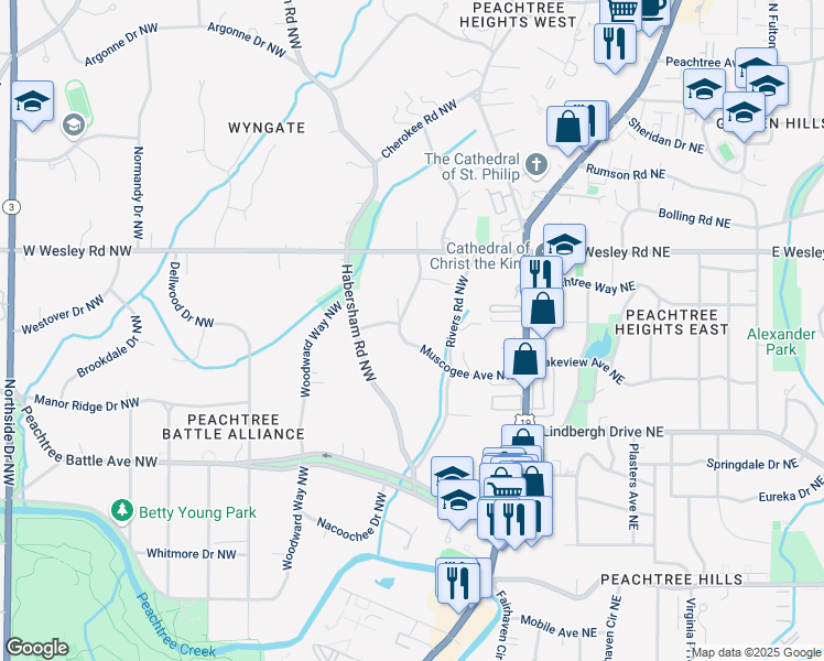 map of restaurants, bars, coffee shops, grocery stores, and more near 65 North Muscogee Avenue Northwest in Atlanta