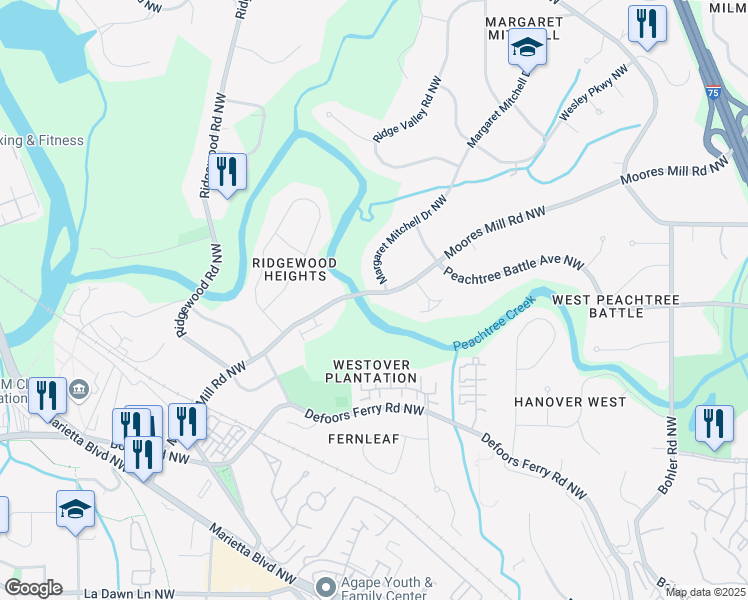 map of restaurants, bars, coffee shops, grocery stores, and more near 1676 Moores Mill Road Northwest in Atlanta