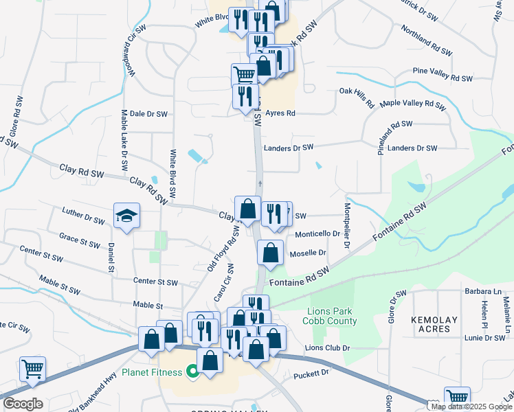 map of restaurants, bars, coffee shops, grocery stores, and more near 5239 Floyd Road Southwest in Mableton