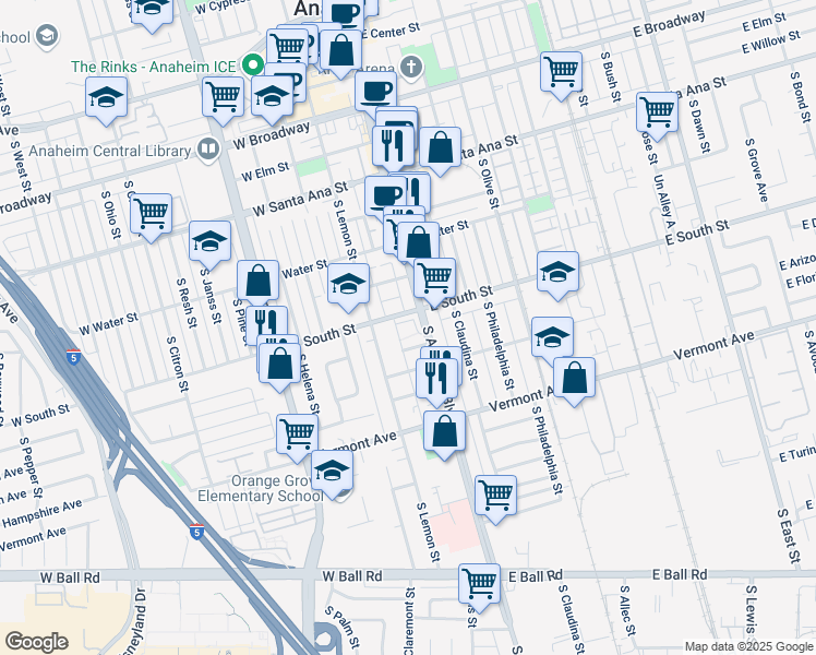 map of restaurants, bars, coffee shops, grocery stores, and more near 817 South Anaheim Boulevard in Anaheim