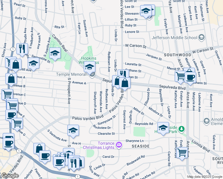 map of restaurants, bars, coffee shops, grocery stores, and more near 22225 Linda Drive in Torrance