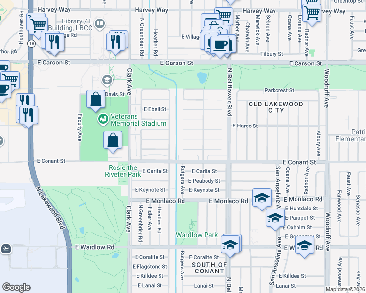 map of restaurants, bars, coffee shops, grocery stores, and more near 5309 East Brittain Street in Long Beach
