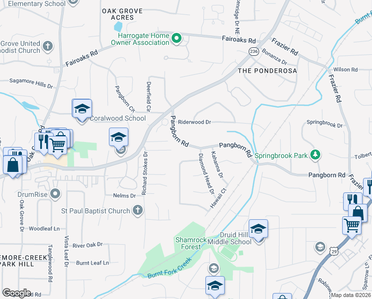 map of restaurants, bars, coffee shops, grocery stores, and more near 2667 Pangborn Road in Decatur