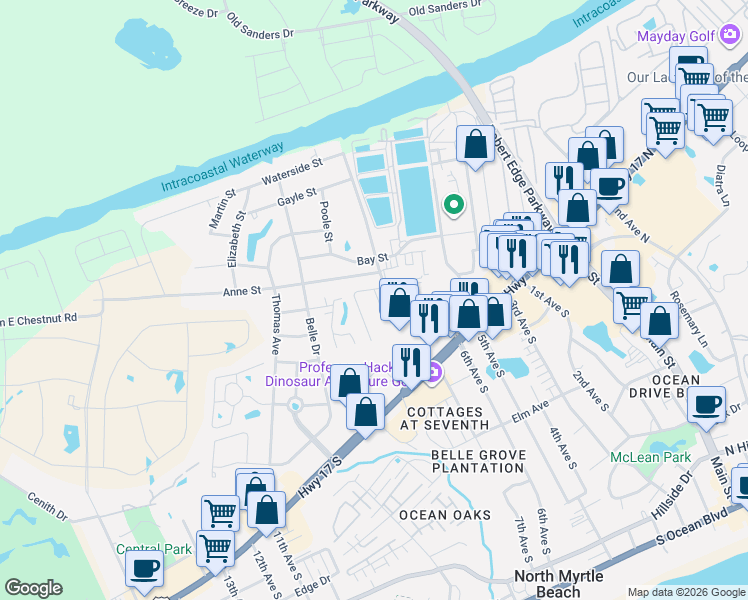 map of restaurants, bars, coffee shops, grocery stores, and more near 607 Anne Street in North Myrtle Beach