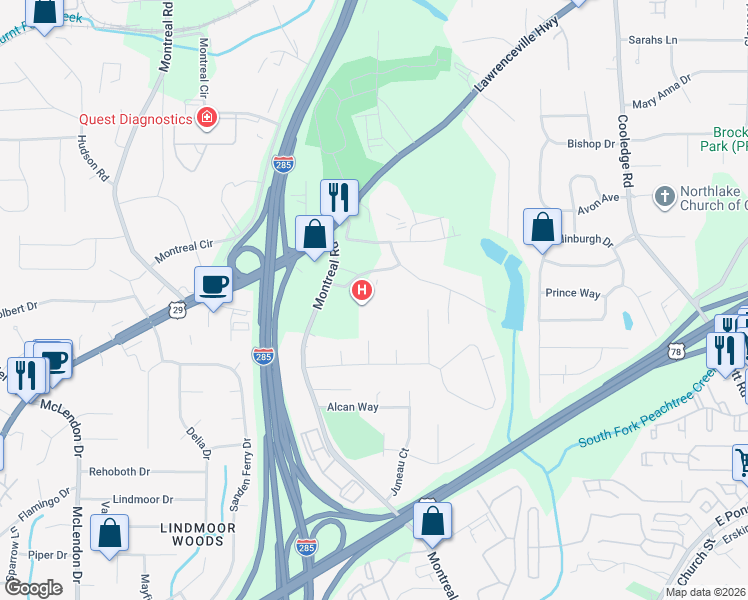 map of restaurants, bars, coffee shops, grocery stores, and more near 1459 Montreal Road East in Tucker