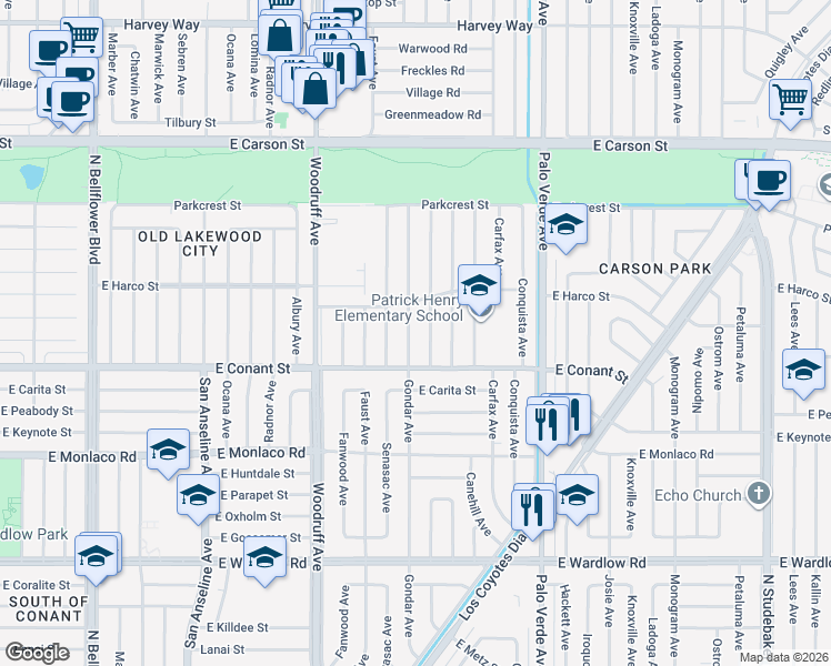 map of restaurants, bars, coffee shops, grocery stores, and more near 3738 Gondar Avenue in Long Beach