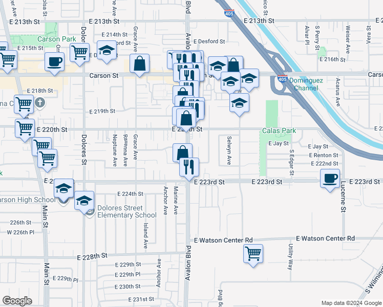 map of restaurants, bars, coffee shops, grocery stores, and more near 22118 Avalon Boulevard in Carson