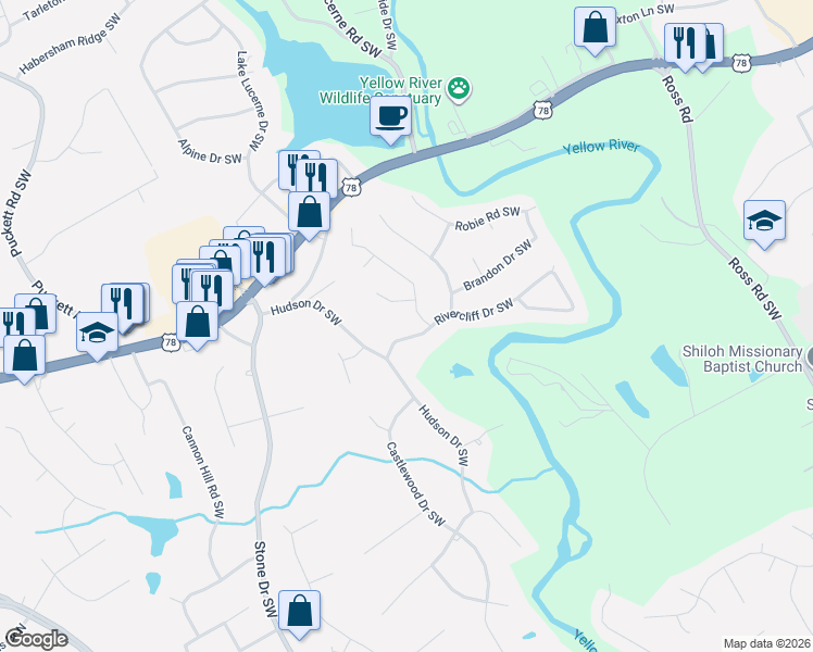 map of restaurants, bars, coffee shops, grocery stores, and more near 2315 Thorndale Drive Southwest in Lilburn