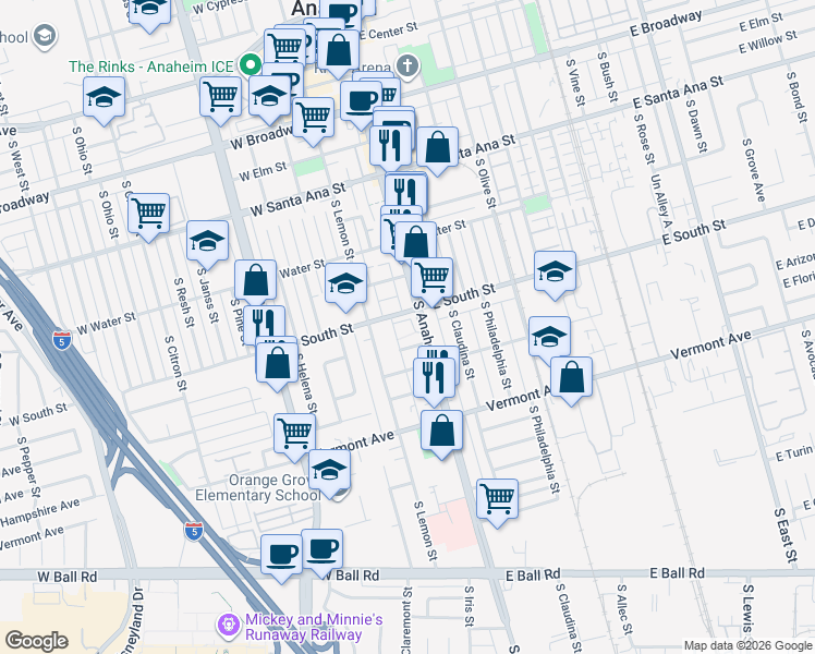 map of restaurants, bars, coffee shops, grocery stores, and more near 809 South Anaheim Boulevard in Anaheim