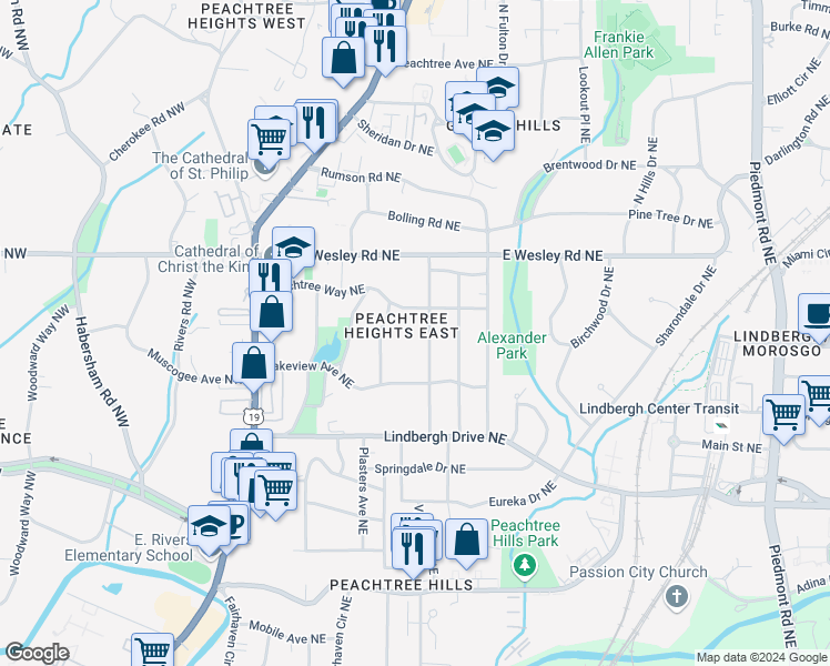 map of restaurants, bars, coffee shops, grocery stores, and more near 2626 Brookwood Drive Northeast in Atlanta