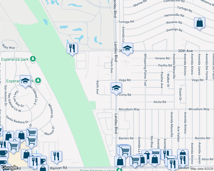 map of restaurants, bars, coffee shops, grocery stores, and more near 30640 Brenda Way in Cathedral City