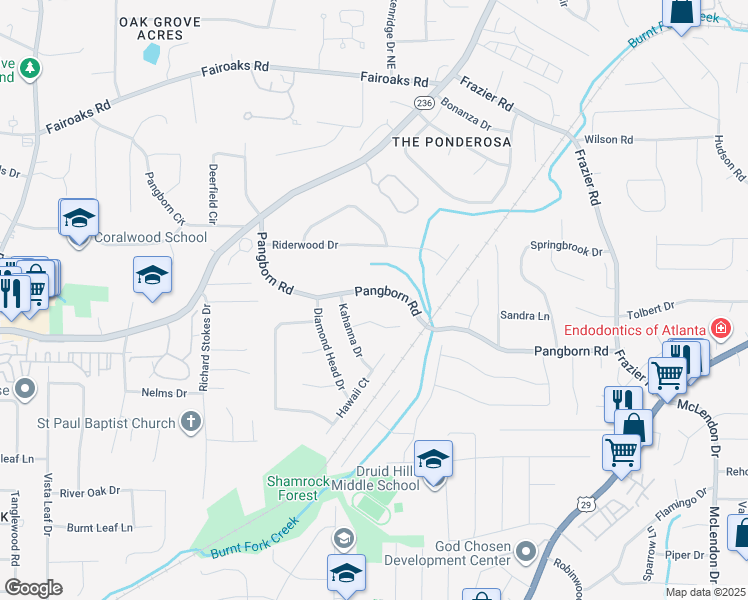 map of restaurants, bars, coffee shops, grocery stores, and more near 2755 Pangborn Road in Decatur