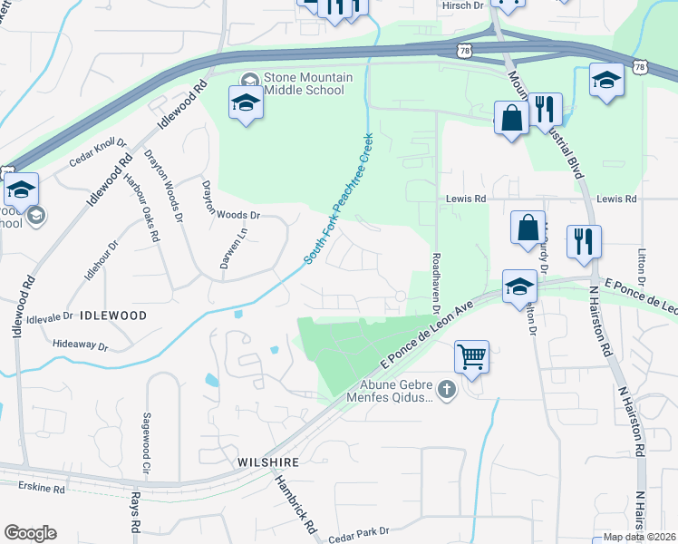 map of restaurants, bars, coffee shops, grocery stores, and more near 1573 Jacob's Way in Stone Mountain