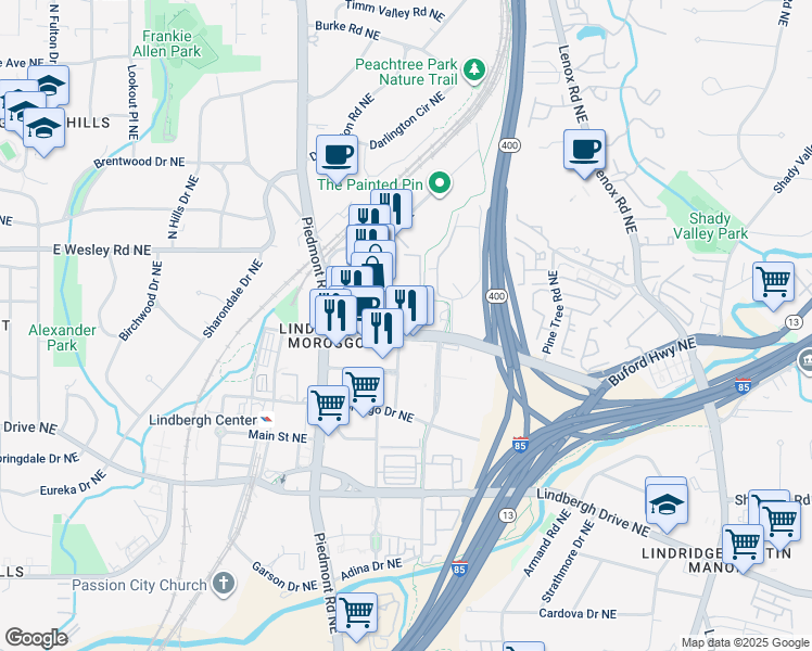 map of restaurants, bars, coffee shops, grocery stores, and more near 2625 Piedmont Road Northeast in Atlanta