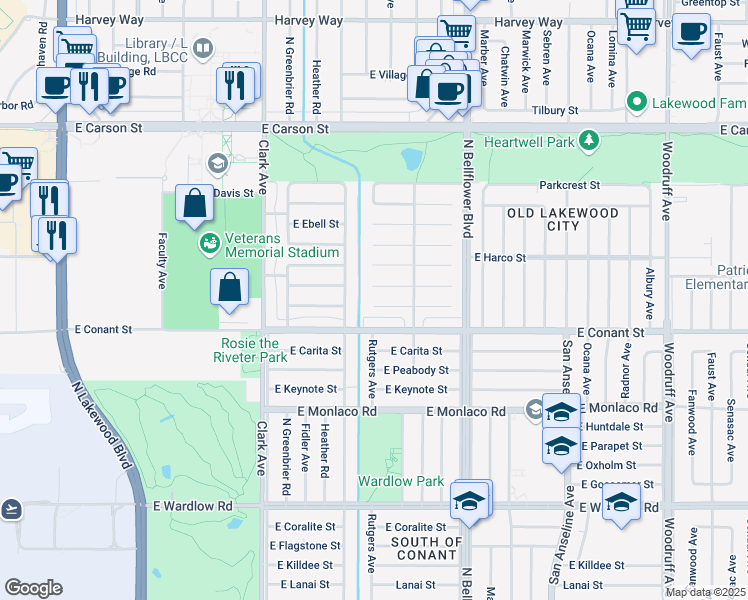 map of restaurants, bars, coffee shops, grocery stores, and more near 5309 East Brittain Street in Long Beach