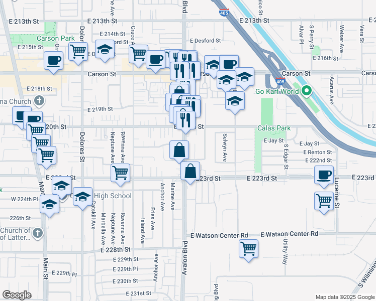 map of restaurants, bars, coffee shops, grocery stores, and more near 22118 Avalon Boulevard in Carson