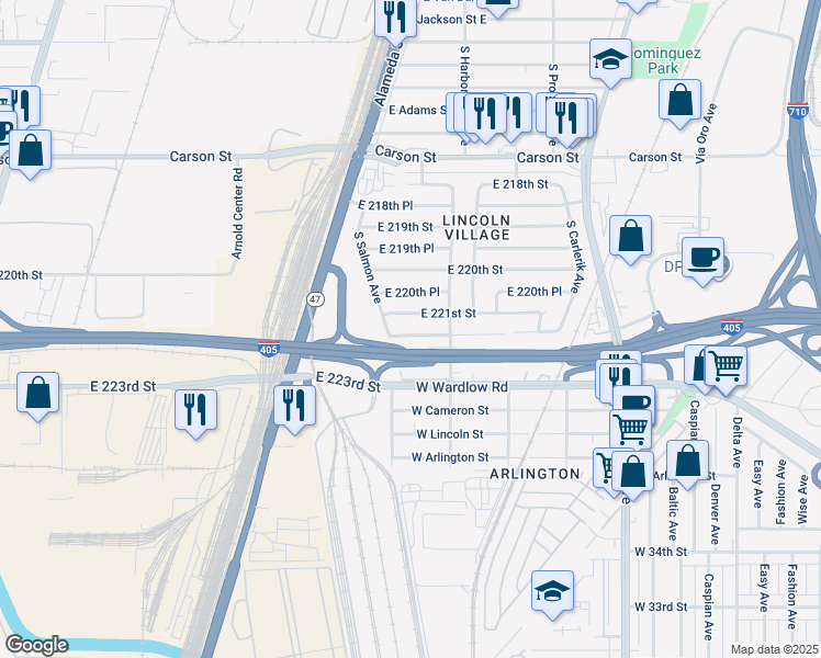 map of restaurants, bars, coffee shops, grocery stores, and more near 2623 East 221st Place in Long Beach