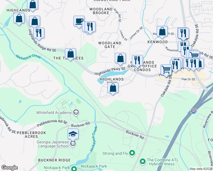 map of restaurants, bars, coffee shops, grocery stores, and more near 1736 Highlands View Drive in Smyrna