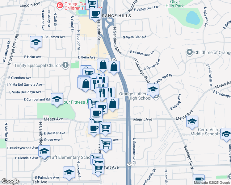 map of restaurants, bars, coffee shops, grocery stores, and more near 1931 East Meats Avenue in Orange