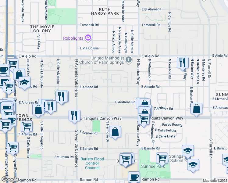 map of restaurants, bars, coffee shops, grocery stores, and more near 1279 East Amado Road in Palm Springs