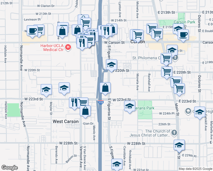 map of restaurants, bars, coffee shops, grocery stores, and more near 22123 South Figueroa Street in Carson