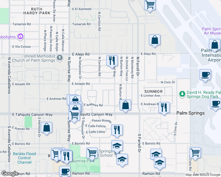 map of restaurants, bars, coffee shops, grocery stores, and more near 2260 East Terry Lane in Palm Springs