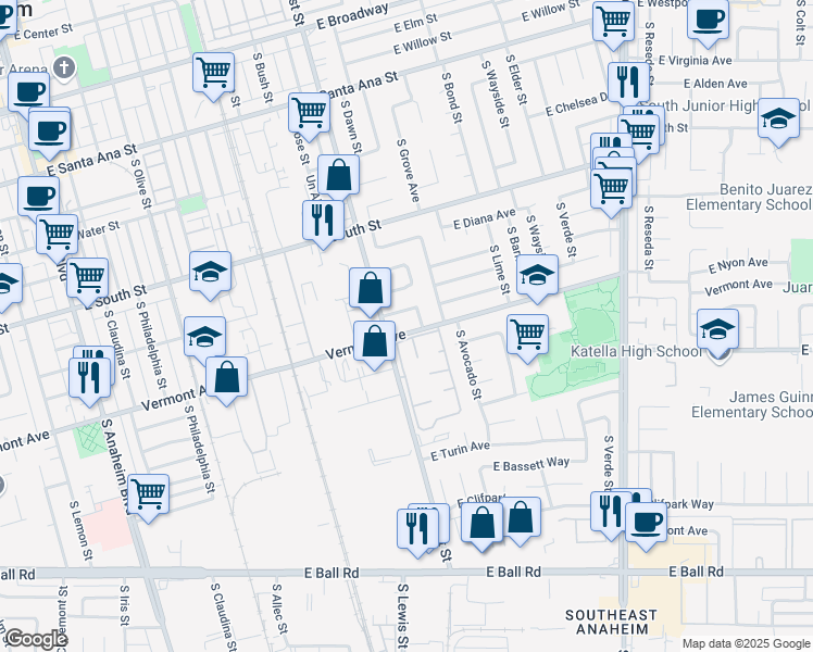 map of restaurants, bars, coffee shops, grocery stores, and more near 1219 East Vermont Avenue in Anaheim
