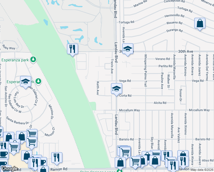 map of restaurants, bars, coffee shops, grocery stores, and more near 30640 Brenda Way in Cathedral City