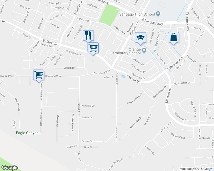 map of restaurants, bars, coffee shops, grocery stores, and more near 4050 Lester Avenue in Corona