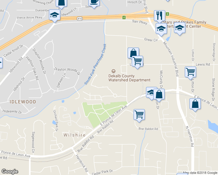 map of restaurants, bars, coffee shops, grocery stores, and more near 1501 Ashbrooke Trace in Stone Mountain