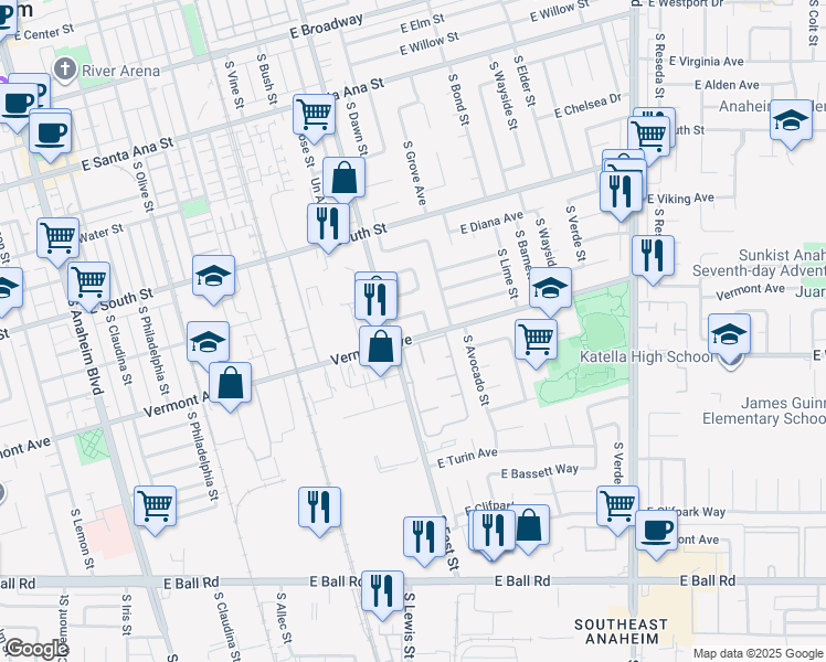 map of restaurants, bars, coffee shops, grocery stores, and more near 1219 East Vermont Avenue in Anaheim
