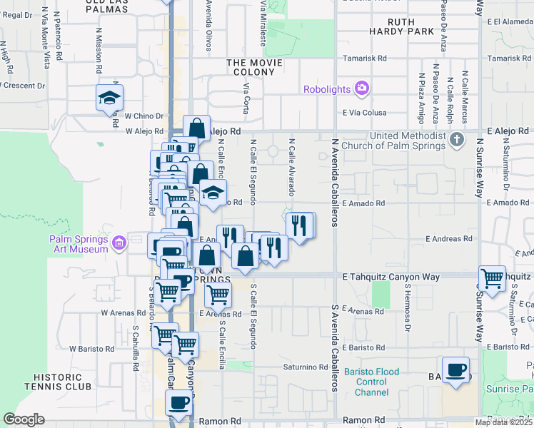 map of restaurants, bars, coffee shops, grocery stores, and more near 605 East Amado Road in Palm Springs