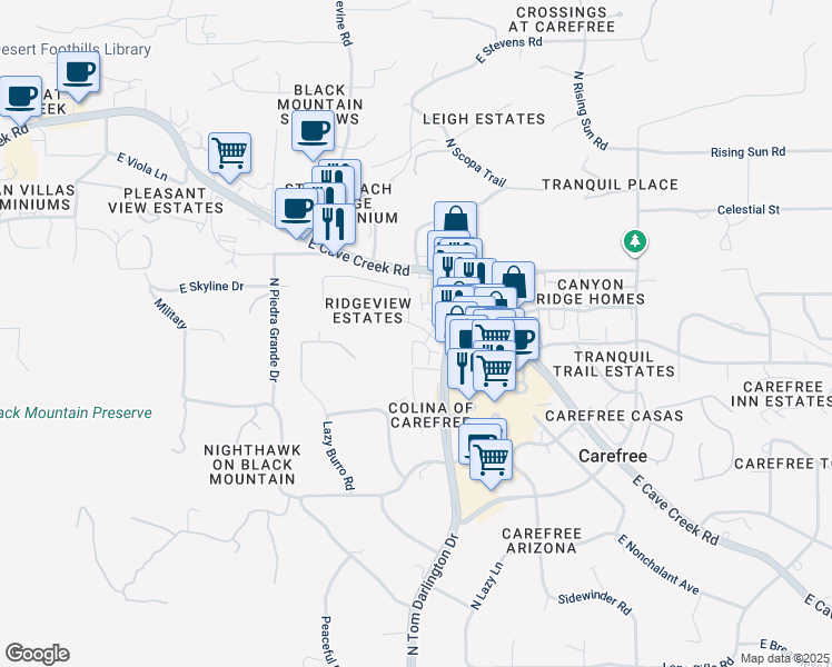 map of restaurants, bars, coffee shops, grocery stores, and more near 7200 East Ridgeview Place in Carefree
